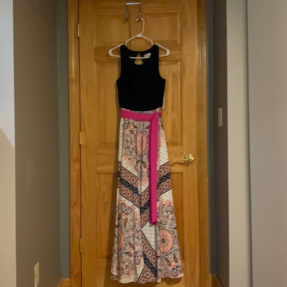 Eliza J Black Bodice Maxi Dress with Pink Paisley Skirt and Sash